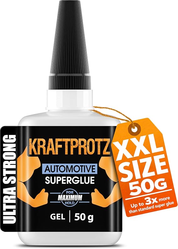 50 g superglue for cars and motorbikes, extra strong, transparent, waterproof, heat-resistant, with a seal to prevent drying out, for gluing GRP and plastic of all kinds, viscous.
