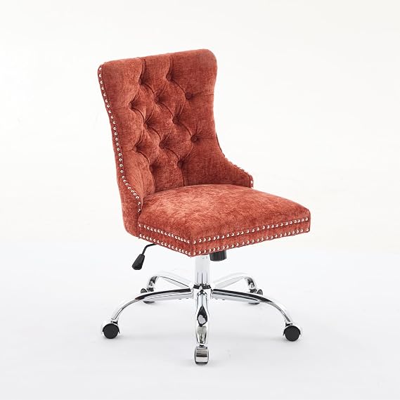 Warmiehomy Armless Home Office Chair - Chenille Upholstered Tufted Button Vanity Chairs with Wheels - Adjustable Desk Chair for Home Office Bedroom Living Room(Orange)