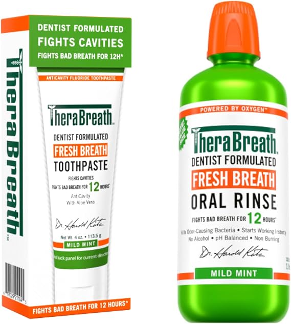 TheraBreath Fresh Breath Dentist Formulated Toothpaste, Mild Mint, 4 Ounce & TheraBreath Fresh Breath Mouthwash, Mild Mint, Alcohol-Free, 1 Liter