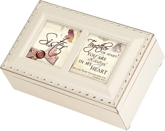 Cottage Garden Sister Always in My Heart Ivory Rope Trim Petite Jewelry Music Box Plays Ave Maria