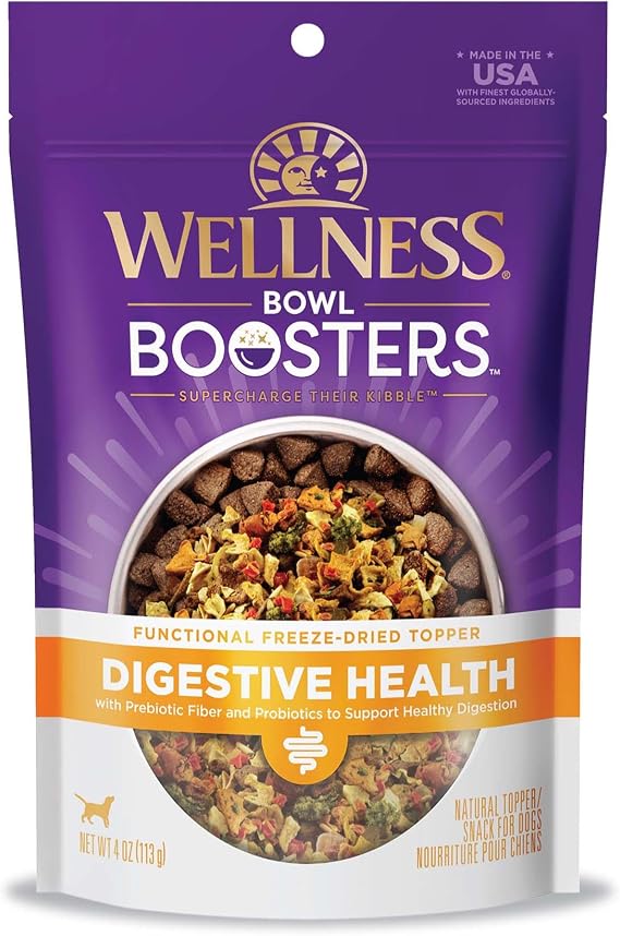 Wellness Bowl Boosters Digestive Health Dog Food Topper with Freeze Dried Pieces for Small, Medium, and Large Breeds, Sensitive Stomach, Grain Free, Natural, Chicken Recipe, 4 oz Bag