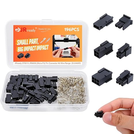 JRready Molex Micro-fit 3.0 Connector Kit 2 4 6 Circults MX3.0 Power Plug Receptacle 43020 Series 20-24AWG Wire Crimp Terminals 43031 Series Pins Sockets Connectors 3.0mm Pitch 196Pcs ST6516