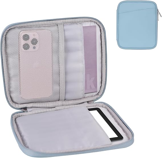 Padded Sleeve Pouch for 6-7 Inch eBook/E-Reader/Kindle Paperwhite/Kindle Oasis, Portfolio Design with Front Pocket, Water-Resistant, Compact & Lightweight (Misty Blue-PU)