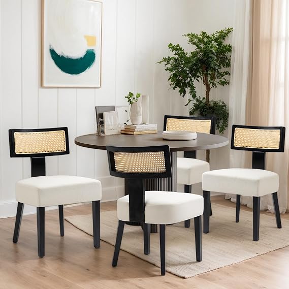 Farmhouse Rattan Dining Chairs Set of 4, Upholstered Modern Dining Room Chairs with Curved Cane Back, Black Wood Frame Armless Side Chair for Kitchen (Beige Fabric)
