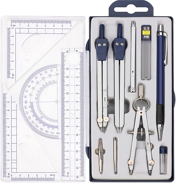 13 Pieces Geometry Set Compass Geometry Tools Math Compass and Protractors Metal Precision Drafting Kit with Storage Box Rulers Pencils Technical Drawing, Engineering & Architecture