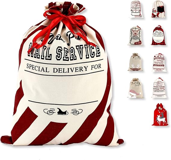 LessMo Christmas Santa Sack, Large Canvas Gift Bag with Drawstring, Reusable Personalized for Xmas Package Storage, Party Supplies Favors