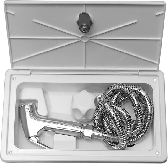 RV Outdoor Shower, RV Exterior Shower Box Kit with Metal Shower-Head Hose Camper Outside Shower for Motorhome Travel Trailer Caravan Van Yacht Camper Outdoor Shower