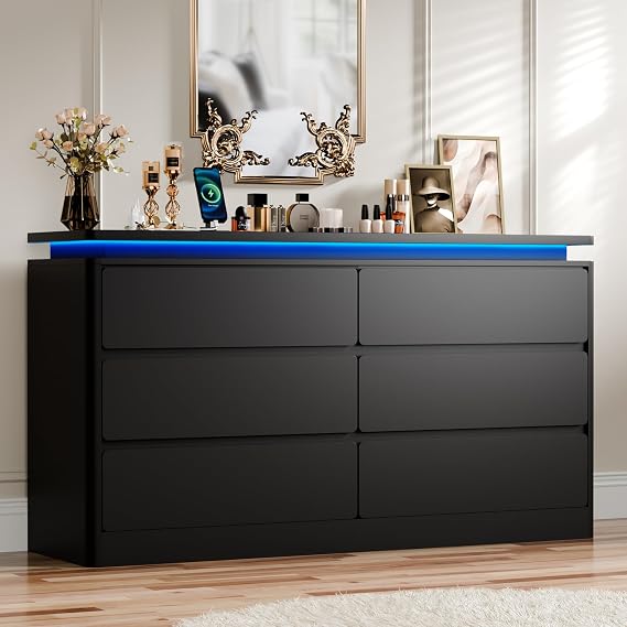 6 Drawer Dresser for Bedroom, 47.24" Black Chest of Drawers w/LED Lights
