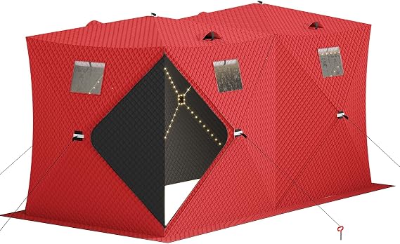 IDEALHOUSE Portable Pop Up Ice Fishing Shelter - Insulated Ice Fishing Tent, Windproof Hub Design, 2-3 Person Capacity, 25 Sq Ft Fishable Area, 49Ft LED Light Strip