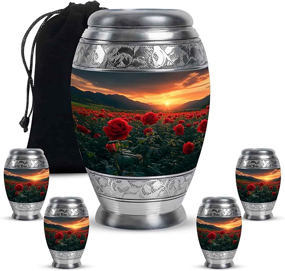 Fashionzaadi Rose Large Urn for Ashes Adult Female 10 Inch - Burial Urns for Human Ashes Men - Black Memorial Urn for Women Keepsake - Decorative Cremation Urns - 3 Inch Funeral Ash Holder Set of 5