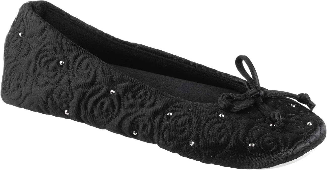 isotoner Women's Rose Quilted Ballerina Slippers With Rhinestone Embellishment and Genuine Suede Sole