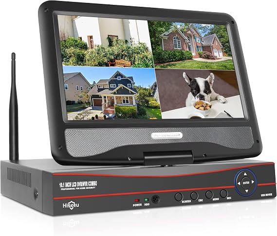 No HDD 10'' LCD Wireless WiFi NVR 10 Channels Network Video Recorder, Motion Detection Zones, 24/7 Record, Work with Hiseeu HiseeuCloud 1080P/3MP/5MP Wireless Camera