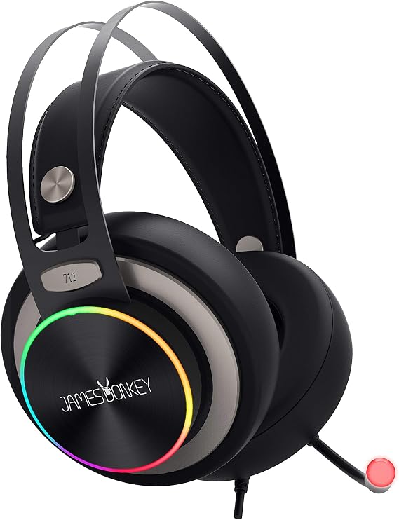 JamesDonkey James Donkey 712 Black 7.1 Surround RGB Gaming Headset Neodymium 50mm Drivers 112dB Precision Microphone -43dB RGB LED Illuminated Manual Voice Control USB Connection and Sound Card with + Software