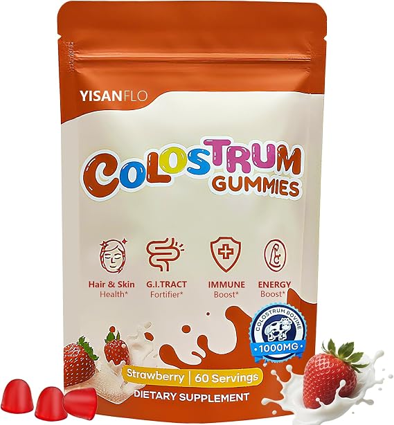 60 Servings Colostrum Gummies | Delicious 1g per Serving Grass Fed Bovine Colostrum Chews for Gut Health, Immunity, Hair, Skin and Beauty, Strawberry Flavor