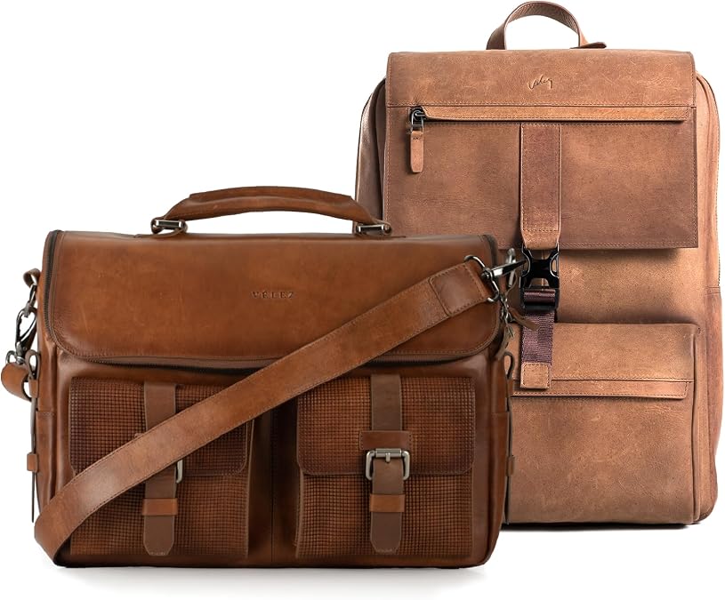 VELEZ Tan Full Grain Leather Messenger Bag + Brown Backpack for Men