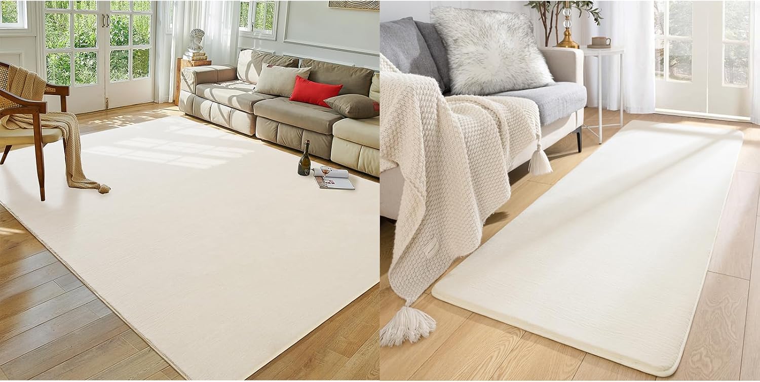 Softlife 6x9 and 2x6 Feet Carpet Living Room Rug, Creamy White Washable Area Rugs for Bedroom, Soft Fluffy Fuzzy Carpet Bedside Rug Indoor Non-Slip Rug for Kids Home Decor Aesthetic Dorm Nursery