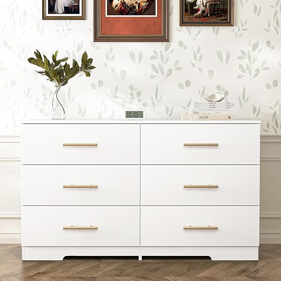 Spaco White 6 Drawer Dresser with Gold Handle,Modern 6 Drawers Dresser for Bedroom,Storage Chest of Drawers for Closet,Living Room