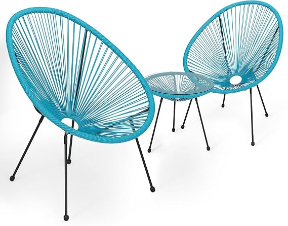 Magshion Outdoor Acapulco Chair Set 3-Piece with Glass Top Table, Lightweight All-Weather Woven PE Rope Patio Furniture, Modern Bistro Conversation Set for Patio, Garden, Poolside, Blue