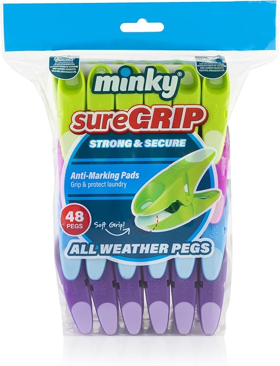 Minky SureGrip Wäscheklammern 48 Stück Soft-Grip Halt wetterfest & UV-beständig für dicke Wäsche sortierte Farben