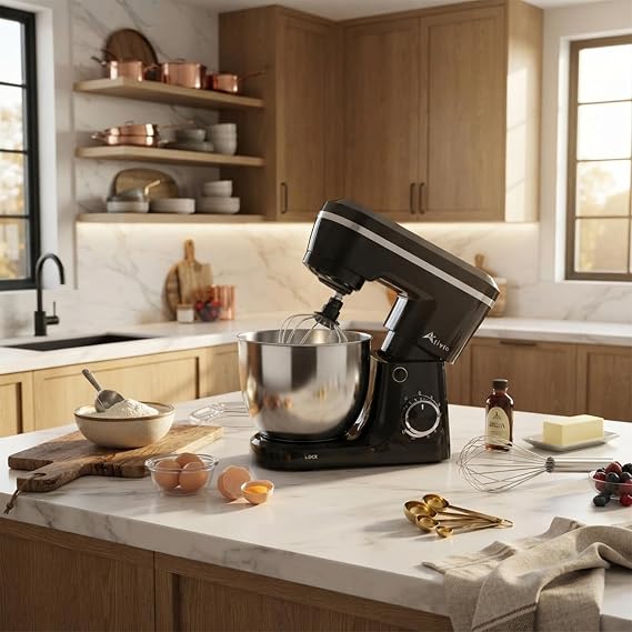 Alivio 5L Stand Mixer 1500W Heavy Duty Kitchen Mixer, 10+P Speed Control, Compact Electric Food Mixer with Dough Hook, Flat Beater & Whisk, Stainless Steel Bowl for Baking, Kneading & Whipping (Black)