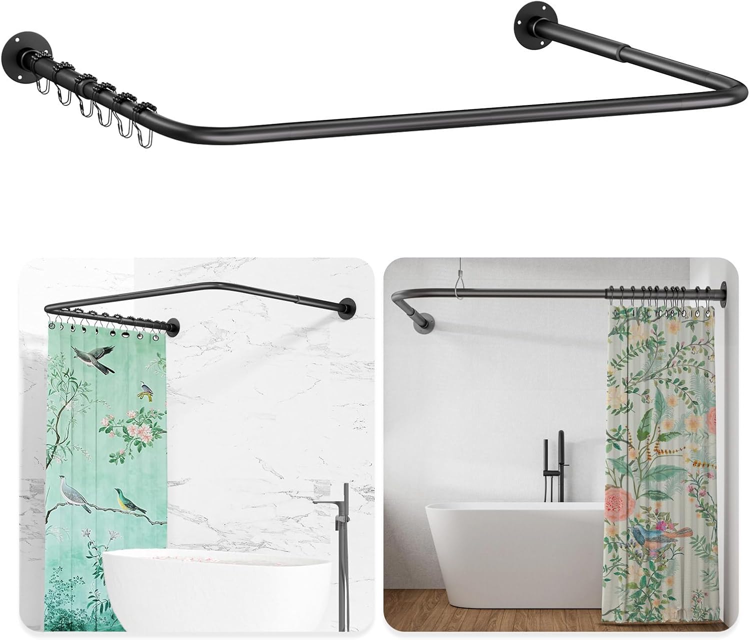 L ShapedU Shaped Shower Curtain Rail, [60-92]X[78-198]X[60-92]cm Adjustable Shower Curtain Pole, Wall Mounted Curved Shower Rail With 12 Rings & Ceiling Support For Bathroom Bathtubs, Need Drilling