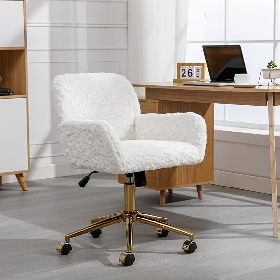 Modern Vanity Chair with Wheels for Bedroom Beige Faux Fur Desk Chair for Makeup Room Cute Upholstered Accent Swivel Chair with Gold Metal Base for Living Room Small Home Office