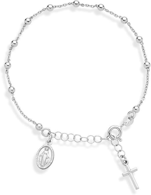 Miabella Italian 925 Sterling Silver Rosary Bead Chain Bracelet for Women | Adjustable Length, Cross Charm, Link Chain, Fine Jewelry, Made in Italy