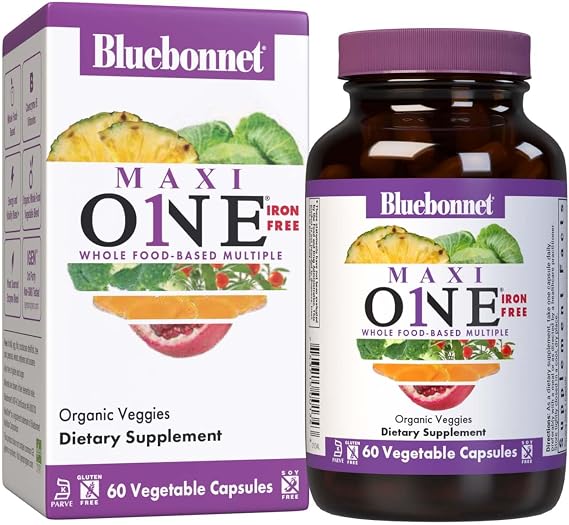 Bluebonnet Nutrition Maxi One (Iron-Free), Whole Food Multiple, Enzymes, Energy, Vitality, Gluten-Free, Kosher, Dairy-Free, Vegetarian Friendly, Soy-Free, Non-GMO, 60 Vegetable Capsule, 2 Month Supply