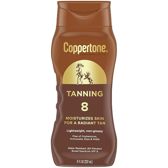 Coppertone Tanning Sunscreen Lotion, SPF 8, Lightweight and Non Greasy Sunscreen, Water Resistant, Oxybenzone Free, Sun Tan Lotion Moisturizes Skin for a Radiant Tan, 8 Fl Oz Bottle
