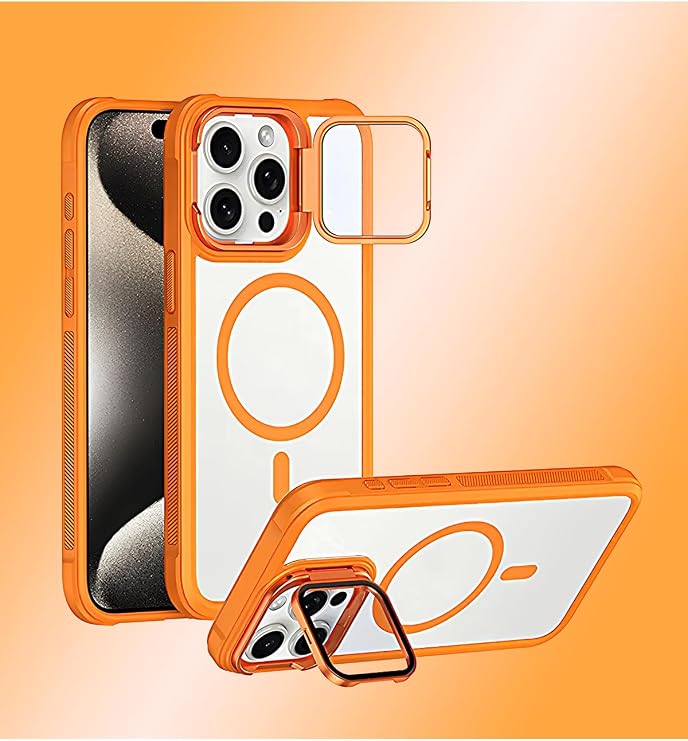 iPhone 12 Pro Max Uyumlu Standlı, Kamera Korumalı, Mat Turuncu MagSafe Kılıf