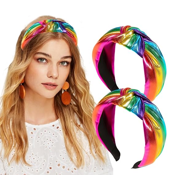 2 Pack Rainbow Headbands Colorful Stripes Pride PU Headband for Women Girls Non Slip LGBTQ Wide Top Knotted Hair Hoop Hair Accessories Gay Pride Outfits Party Favors