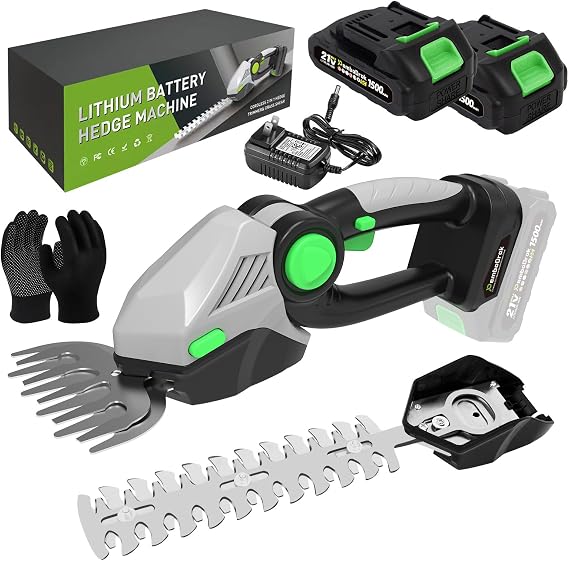 Cordless Hedge Trimmer -2 in 1 Handheld Hedge Shrub Trimmer&Grass Cutter, Lightweight & Quiet Electric Garden Tool with 1.5Ah Battery, Low Vibration for Effortless Trimming