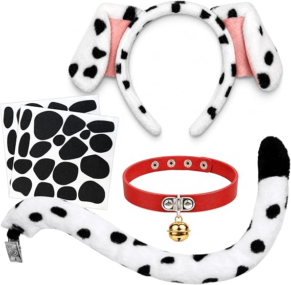 MUKOSEL Dalmatian Ears Headband, Dog Tail Collar and Felt Stickers Set - Puppy Dog Costume for Adult Women Halloween Party Dress Up Accessories