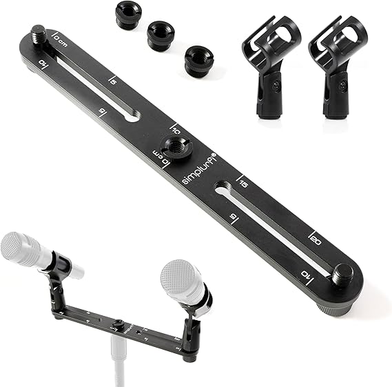 Stereo Array Spacing Microphone Mount with Ruled Markings - Holds 2 Mics - X-Y and ORTF Mic T-Bar Bracket, Fits 3/8" and 5/8" Mic Stands with Included Adapter (MIC-BAR-CLIP-MARK)
