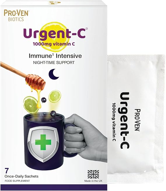 Proven Biotics Urgent C Night-Time Support | Hot Lemon Honey & Blackcurrant Drink | for Immunity & Relaxation | 1000mg Vitamin C with Vitamin D Zinc Elderberry Magnesium | 7 Sachets