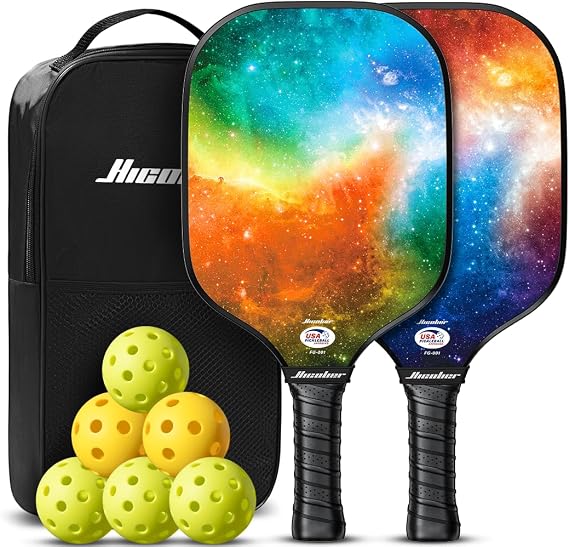 Hicober Pickleball Paddles Set of 2 | Lightweight Fiberglass Face, Cushion Grip, USA Pickleball Approved | Beginner & Intermediate Set for Indoor/Outdoor Play, 2 Paddles + 4 Balls + Carry Bag