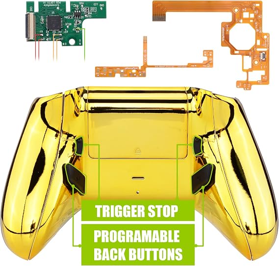 eXtremeRate Chrome Gold Lofty Programable Remap & Trigger Stop Kit, Upgrade Boards & Redesigned Back Shell & Side Rails & Back Buttons & Trigger Lock for Xbox One S/X Controller Model 1708