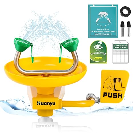 Huanyu Emergency Wall Mount Eye Wash Station Wall Mounted Eyewash Stations | OSHA Approved Heavy Duty 304 Stainless Steel Plumbing Eye Washing Unit for Industrial Commercial Lab Use (1302Y)