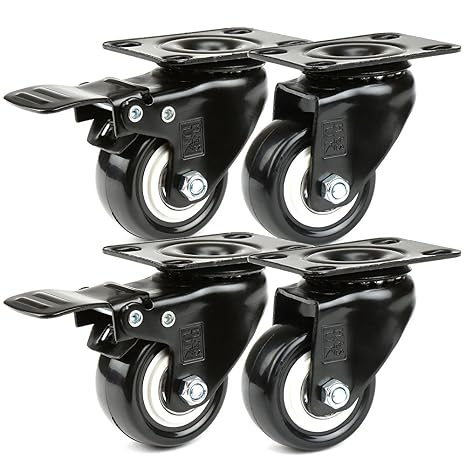 H&S Heavy Duty Castor Wheels - Set of 4 50mm (2") Castors - Rubber Swivel Trolley Wheels for Furniture - Lockable Caster with Brakes - Outdoor Casters - Wheel for Appliance or Bed