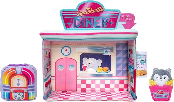 Squishville by Original Squishmallows Darling Diner Playset - Includes 2-Inch Heidi The Husky Plush, Jukebox, French Fries, and Diner Playscene - Toys for Kids