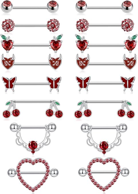 Akeoqi 8 Pairs Nipple Rings Tongue Ring 14G Stainless Steel CZ Ball Butterfly Cherry Heart Apple Straight Nipple Barbells Body Piercing Jewelry for Women Silver Red Pink Tone 16mm