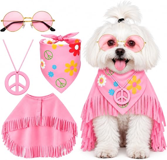 Huhumy Hippie Dog Halloween Costume Funny Dog Outfits with Pink Cloak Bandana Glasses Necklace Dress up Pet Clothes (Small)