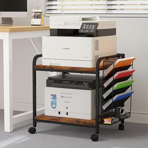 EasyCom Large Printer Stand with Storage, File Holder & Wheels, Brown
