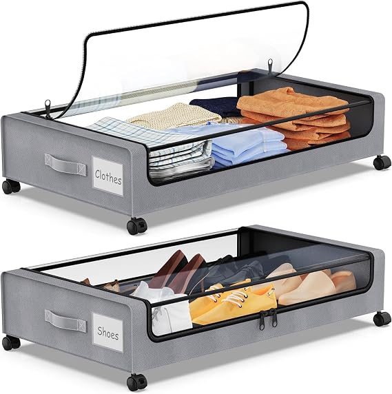 Pack of 2 Underbed Storage Boxes 50 L Underbed Storage Box with Wheels Bed Box Organiser with PVC Lid Underbed Box for Clothes Shoes Blankets Bed Linen Grey Pack of 2