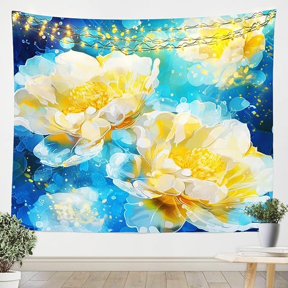 Blue Yellow Flowers Tapestries Watercolor Floral Tapestry Flowers Painting Wall Hanging Art Bedroom Aesthetic Funny Tapestries For Men Boys Living Room College Dorm 59.1x59.1
