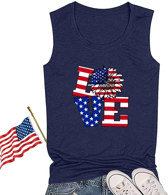 Women American Flag Print Tank Tops USA Stars Stripes Patriotic T Shirt