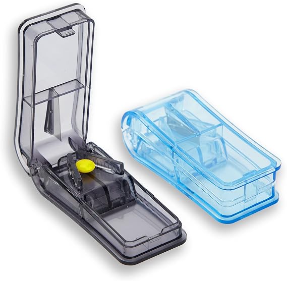 GeekerChip Pill Cutter[2 Pcs],Small Pill Tablet Cutter,Pill Splitter with Blade in Half Quarter,for Tablet Vitamin Medicine,with Pill Storage Compartment(Blue+Black)