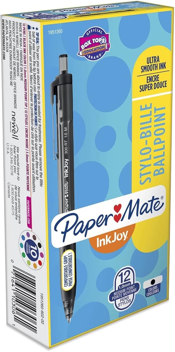 Paper Mate Inkjoy 300 Rt Ballpoint Pen, Refillable, Retractable, Medium 1 Mm, Black Ink, Black Barrel, Dozen