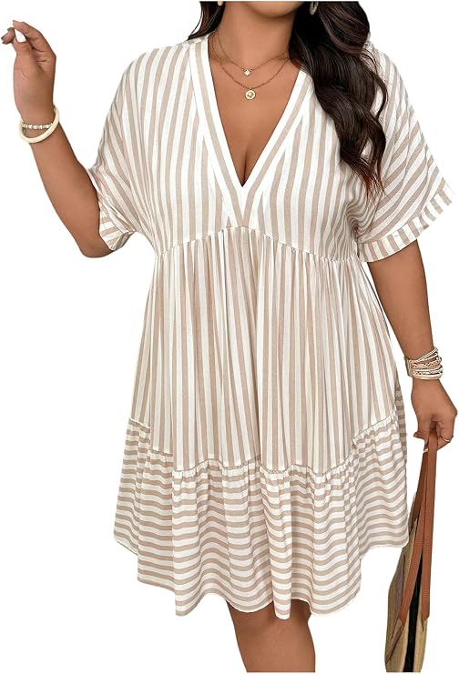 SOLY HUX Women's Plus Size Summer Striped Half Sleeve Ruffle Babydoll Dress