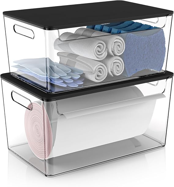 COAZEX 2 Pack Stackable Plastic Trash Bag Holder with Black Lids Under Sink